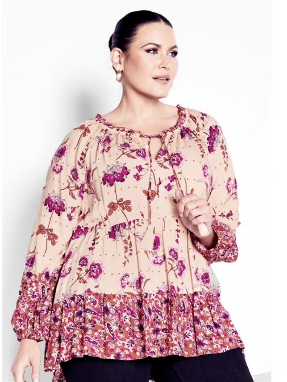 AVENUE IMARI EMPIRE WAIST  Floral Peasant Blouse- Sherbet Combo